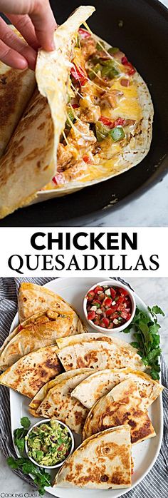 chicken quesadillas with salsa and guacamole on the side