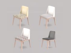 four chairs with different colored upholstered seats