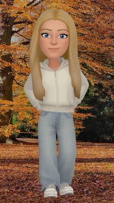 a girl with blonde hair standing in the leaves