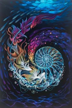 a painting of two different types of animals in the ocean with waves and swirls