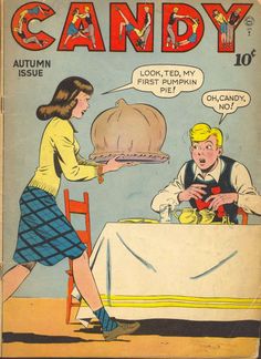 an old comic book cover with a woman serving food to a man at a table