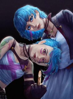 two people with blue hair and piercings on their bodies, one holding a cell phone