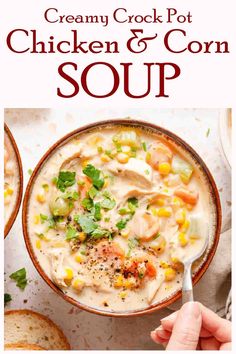 creamy crock pot chicken and corn soup in a bowl