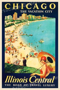 an advertisement for the chicago vacation city shows people on the beach and in the water