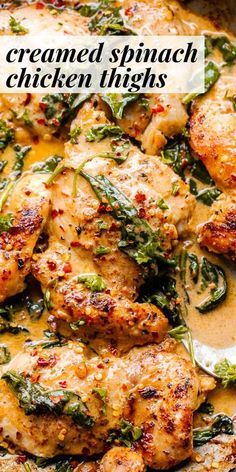 chicken thighs with spinach and cream sauce in a skillet