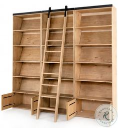 an open wooden bookcase with drawers and ladders on the bottom shelf, against a white background