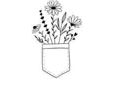 a black and white drawing of flowers in a pocket