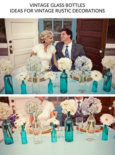 two pictures of a bride and groom sitting at a table with flowers in vases