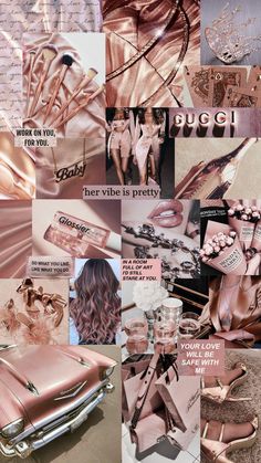 the collage shows different types of pink and gold clothing, shoes, jewelry, and accessories