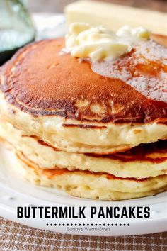 Pancakes on a white plate. Restaurant Style Buttermilk Pancakes, Buttermilk Pancakes For One, Simple Buttermilk Pancakes, Keto Buttermilk Pancakes, Breakfast Recipes With Buttermilk, Recipes That Call For Buttermilk, Best Pancakes Ever Recipe, Buttery Pancakes