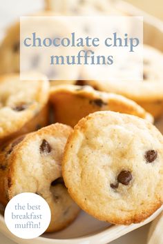 chocolate chip muffins on a plate with the title above it