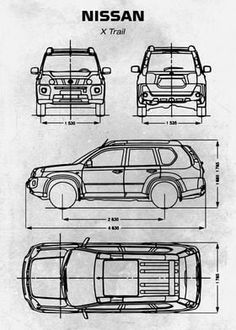 the nissan x - trail is shown in black and white, as well as measurements