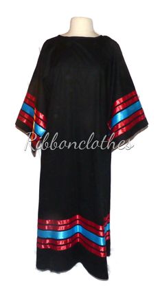 "Womens traditional cloth dress. This can be worn as a basic camp dress or as a dance outfit when combined with a sash or concho belt and other accessories. Easy to alter. Leggings can be ordered separately. Dress Measurements (fits M-XL): Underarm to Underarm: 24 1/2\" across, 49\" total Waist: 50\" Hips: 52\" Length: 49\" Sleeve length: falls between elbows and wrist, open underarms (wing style) Fabric: 100% cotton Print: Solid black cotton. Ribbons: Red and turquoise ribbons on the sleeves an Camp Dress, Jingle Dress, Wings Dress, Native Dress, Dress Measurements