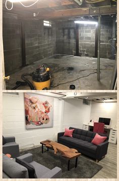 before and after photos of an unfinished basement with couches, coffee table, and other items