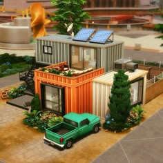 a green truck parked in front of a house made out of shipping containers with solar panels on the roof