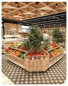 an image of a fruit and vegetable stand in a store with people looking at it