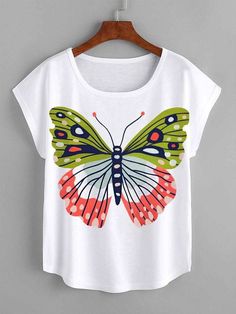 Door Design Images, Summer Plus Size, White Casual, Textile Prints, Butterfly Print, Fabric Painting, Plus Size T Shirts, Girl Top, Dolman Sleeve