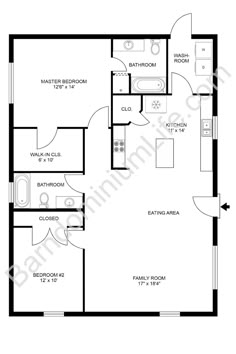 the floor plan for a two bedroom, one bathroom apartment with an attached kitchen and living room