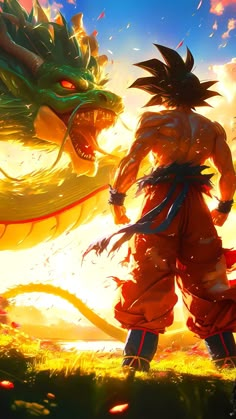 the dragon and gohan are facing each other in front of an orange sky with clouds