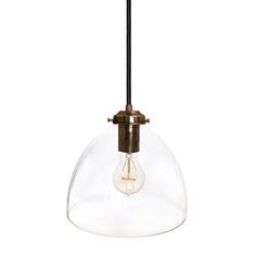 a light fixture with a glass dome hanging from it's end and a black cord