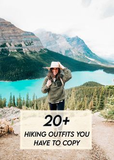 a woman standing on top of a mountain with the words 20 hiking outfits you have to copy