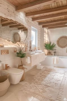 a bathroom with white walls and flooring, including a large rug on the floor