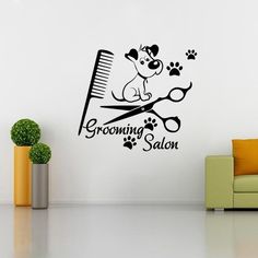 a dog with a comb and scissors on it's side wall decal that says grooming salon