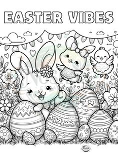 an easter coloring page with two rabbits and eggs