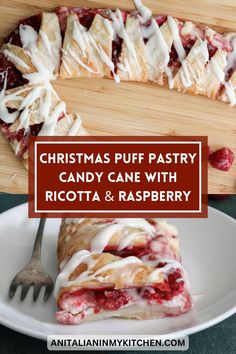 christmas puff pastry candy cane with ricotta and raspberry