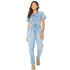 One piece dressing at it's finest! Celebrity Pinks Juniors Short Sleeve Boilersuit in stretch denim is the perfect blend of comfort, style and function all in one. This relaxed fit denim boilersuit has an elastic waist for flexible and comfortable fit, while the front button detail and porkchop pockets add a stylish touch. A versatile and trendy piece that could be dressed up or down for various occasions. Size: XXL.  Color: Blue.  Gender: female.  Age Group: adult. Piece Dressing, 50th Clothing, Flight Suit, Halter Romper, Boiler Suit, Celebrity Pink, Blue Jumpsuits, Bungee Cord, One Piece Dress