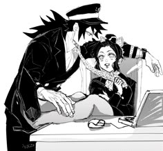 a black and white drawing of two people sitting in front of a laptop