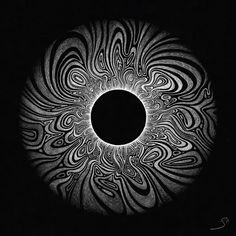 a black and white photo with an eyeball in the center, surrounded by swirly lines