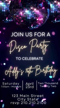 a party flyer with disco balls and confetti in the background for an event