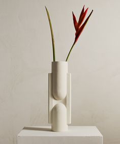 a white vase with two red flowers in it on a table next to a wall