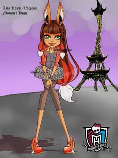 a cartoon character with long hair and an orange cat ears, standing in front of the eiffel tower