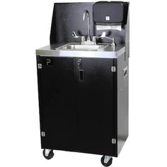 a black cabinet with a sink and faucet on wheels