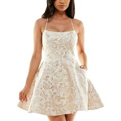 Manufacturer: B. Darlin Style Type: Fit & Flare Dress Collection: B. Darlin Sleeve Length: Adjustable Straps Material: 99% Polyester/1% Metallic Fabric Type: Metallic Specialty: Lace-Up Sku: BH5757718 Size: 1/2.  Color: Off-White.  Gender: female.  Age Group: adult. Gold Dress Homecoming, White And Gold Dress, Gold Floral Dress, Floral Spaghetti Strap Dress, Corset Style Tops, Dress Homecoming, Open Back Dresses, Review Dresses, Metallic Dress