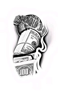 a black and white drawing of money on top of a stack of bills