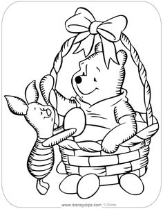 winnie the pooh sitting in a basket with her stuffed animals coloring pages for kids