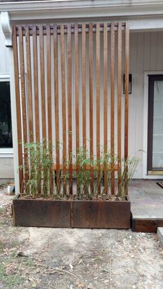 a wooden fence with plants growing out of it