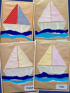 four pictures of sailboats made out of fabric