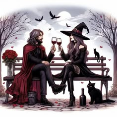 two people sitting on a bench with wine glasses in their hands and a cat standing next to them