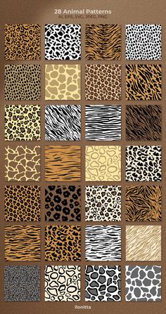 an animal print pattern is shown in different colors and sizes, including brown, black, white