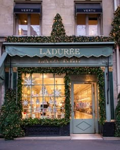 a store front with christmas decorations and lights on it's windows, in the evening