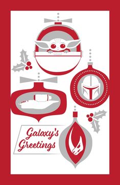 a red and white christmas card with the words galaxy's greetings