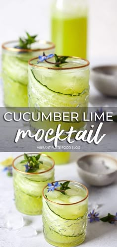 cucumber lime cocktail in glasses with blue flowers on the rim and text overlay