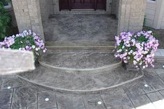 some purple flowers are sitting in front of the door and steps to an entrance that is made out of concrete