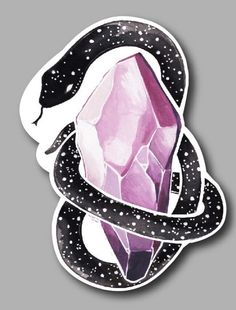 a sticker with an image of a snake wrapped around a pink crystal on it's back