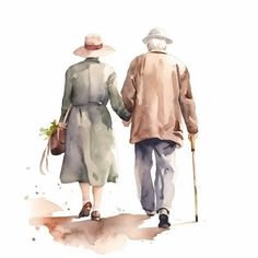 an old couple walking down the street with their canes in hand, watercolor on paper