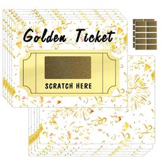 the golden ticket is on display in front of a white background with gold confetti